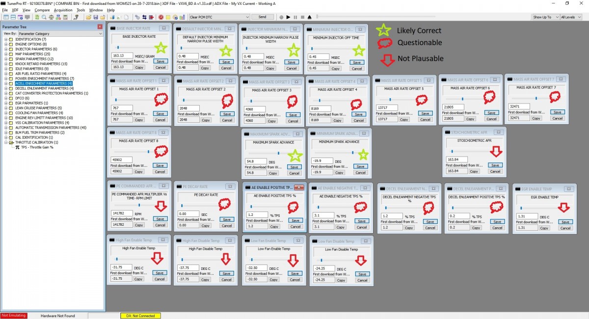 Differences using VXV6_BD A v1.33 xdf and 92108378 BIN.jpg